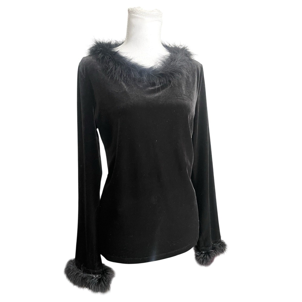 Vintage 90s Black Velvet Long Sleeve Top Fur Feather Trim Vampy Gothic Glam Sz M - Picture 1 of 12